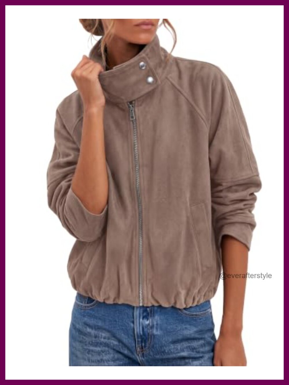 Faux Suede Cropped Funnel Neck Zip Up Jacket Women Oversized